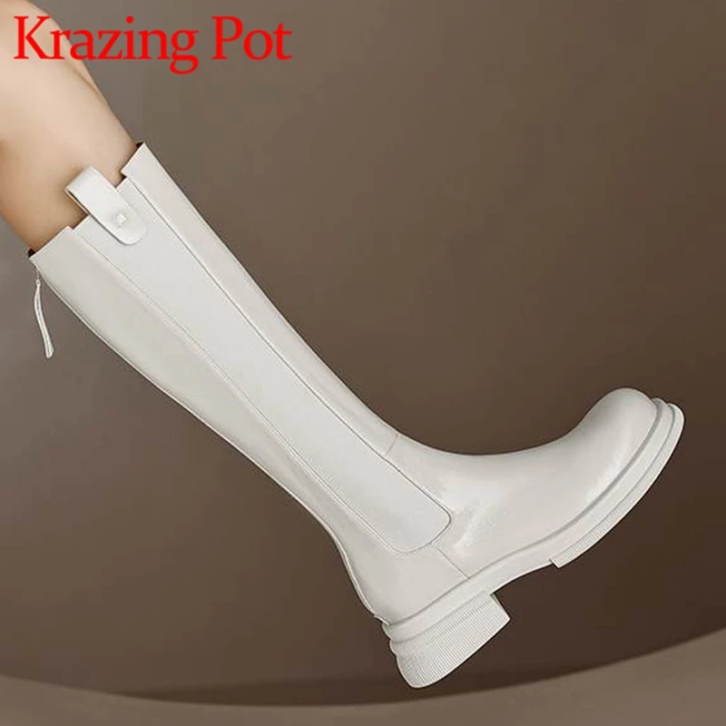 

Krazing Pot Cow Split Leather Round Toe Med Heels Riding Long Boots Joker Leisure Kpop Style Zipper Large Size Thigh High Boots