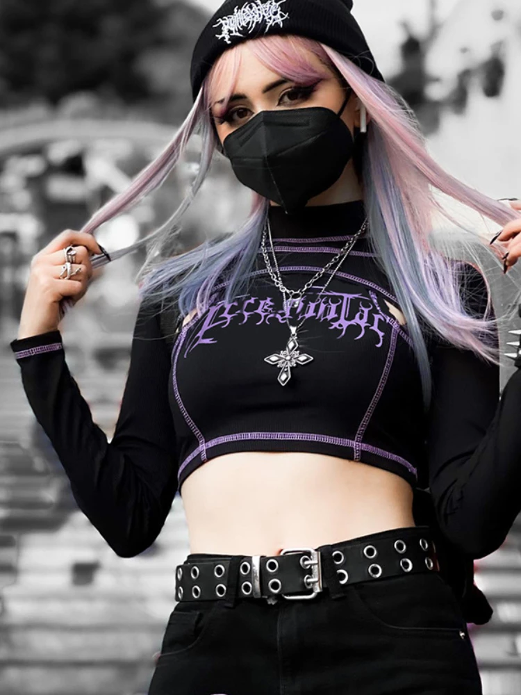 

Y2K Gothic Black Summer Tank Tops T-shirt Women Two Piece Streetwear Patchwork Crop Top Exotic Print Sexy Aesthetic Tops