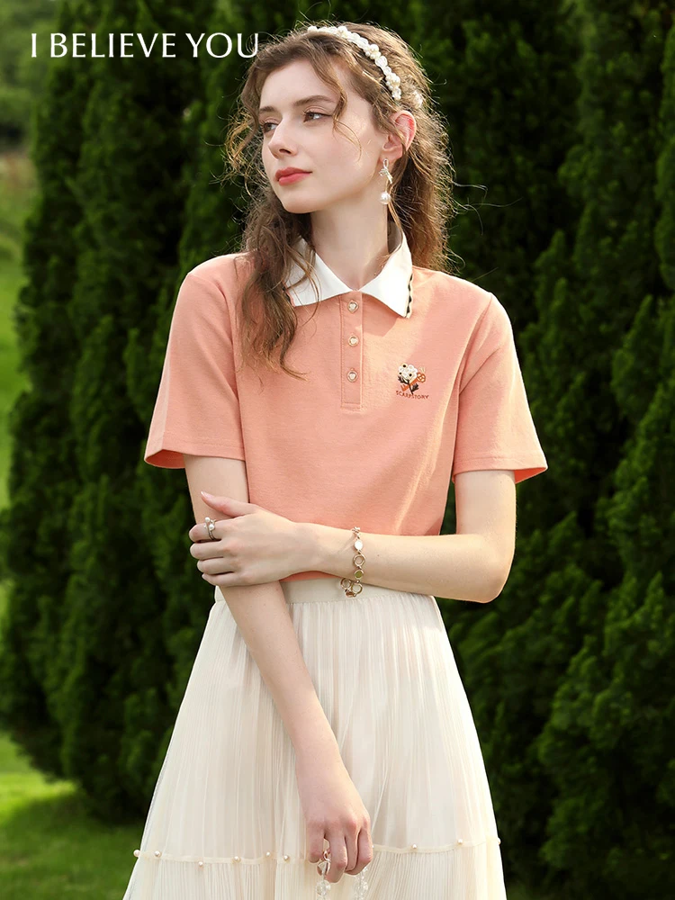 

I BELIEVE YOU T-shirt for Women Chic Polo Neck 2023 Summer Office Lady Tees Elegant Embroidery Top Slim Casual Female Clothing