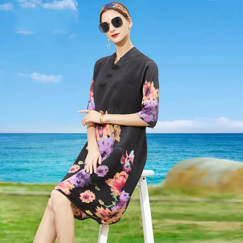 

Dress female 2022 new temperament ladies fashion retro printed color long section stand collar cheongsam elegant loose dress