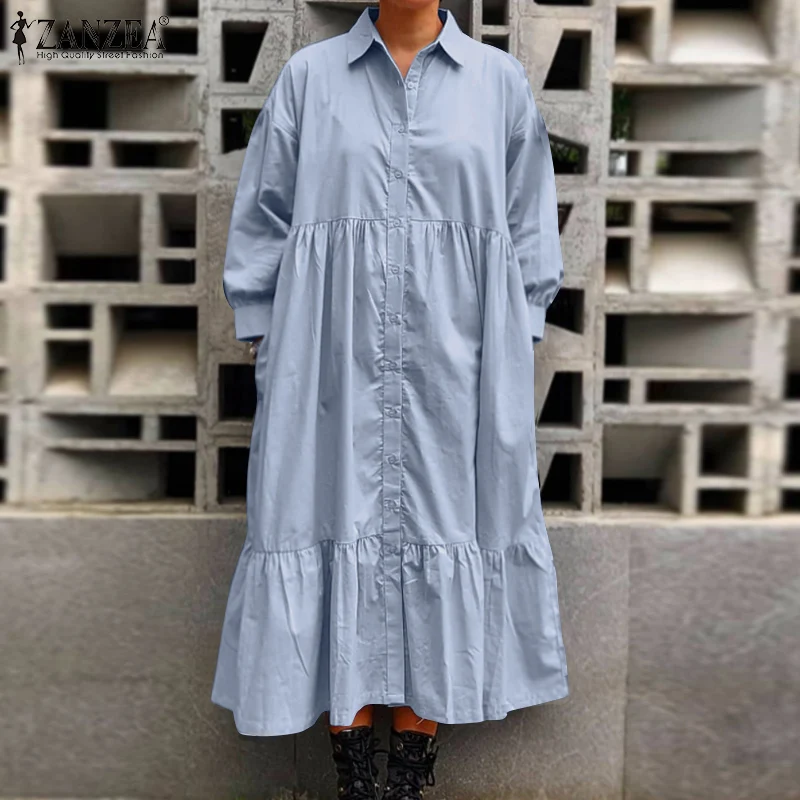 

Autumn Solid Sundress 2022 ZANZEA Fashion Women Lapel Neck Long Sleeve Dress Loose Casual Baggy Shirt Vestido Holiday Party Robe