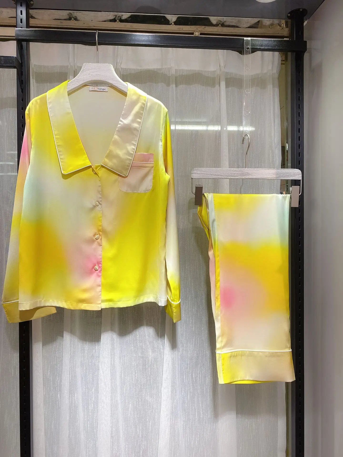 Women's Satin Pajama Set Tie-dye Print Spring Autumn Ladies Sleepwear Long Sleeve Silk Like Turn Down Collar Pijama For Female