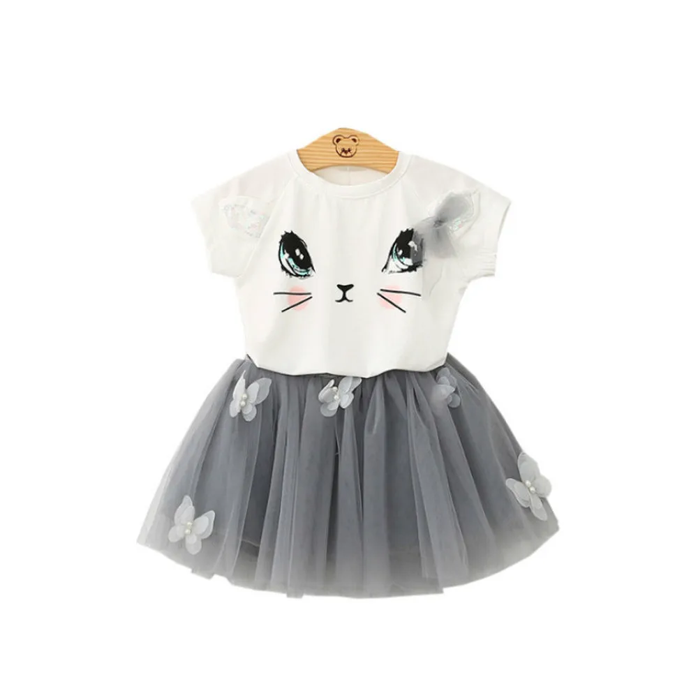 

Girls Short Sleeve Suit Children's Clothing Children Cute Cat Short Sleeve T-Shirt + Butterfly Puff Dress 2022 Summer New