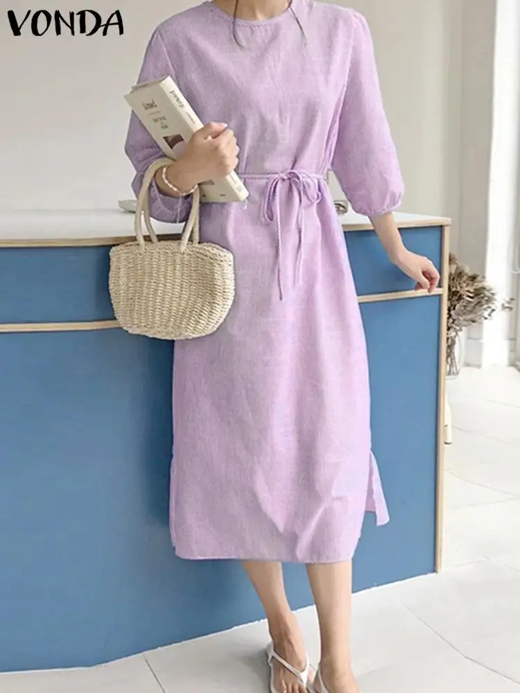 

Women Elegant Dress 2023 VONDA Summer 3/4 Puff Sleeve Shirt Sundress O-Neck Loose Casual Striped Printed Party Vestidos
