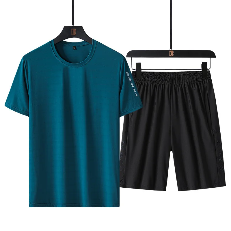 2023 Sports Set Men's Summer Thin Quick Drying T-shirt Men's Fitness Short Sleeve and Running Shorts Ice Silk Two Piece Set
