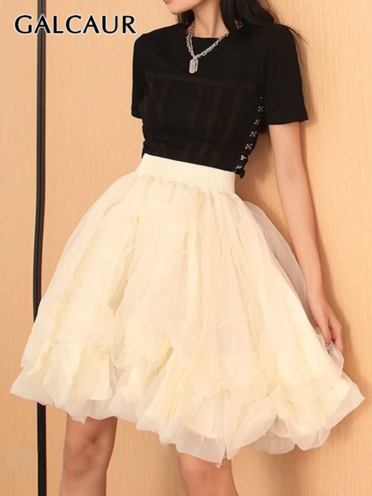 

GALCAUR Patchwork Mesh Skirt For Female High Waist Plain Fold Pleated Elegant Midi Skirts Women 2022 Spring Fashion Clothes New