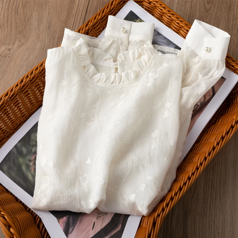 

Women's 100% Mulberry Silk Embroidery White Stand Neck long sleeve Shirt Top Blouse Office Work L XL MM158
