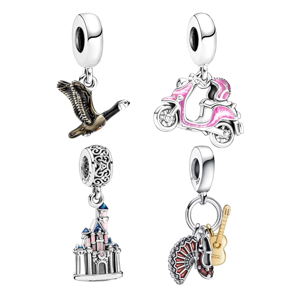 

925 Silver Pink Scooter Dangle Charm Fit for Pandora Original Anniversary Making Bracelet Necklace Ladies Jewelry Gift