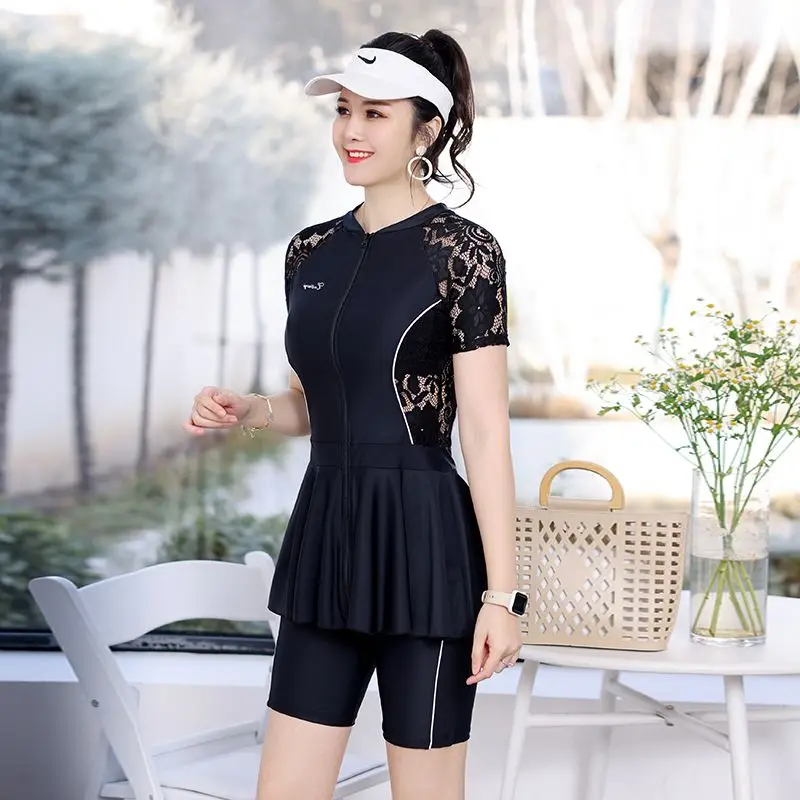 

2022 Women Sports Swimming Suit Two Pieces High Waisted Tankini Set Solid Black Lace Surf Suit Padded Plus Size Beach Wear