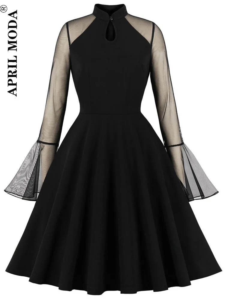 

2022 Halloween Black Party Women's Dress Elegant Flare Sleeve Swing Vintage Retro Tunic Dress Red 50s 60s A Line Formal Vestidos