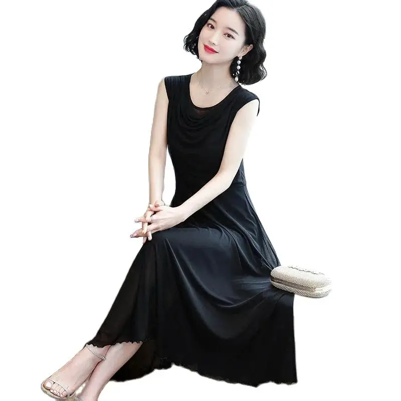 

Fashion Sleeveless Pleated Gauze Solid Color Dress Female 2023 New Summer Dress Waist Slim Casual Loose Long Dress Female Tide