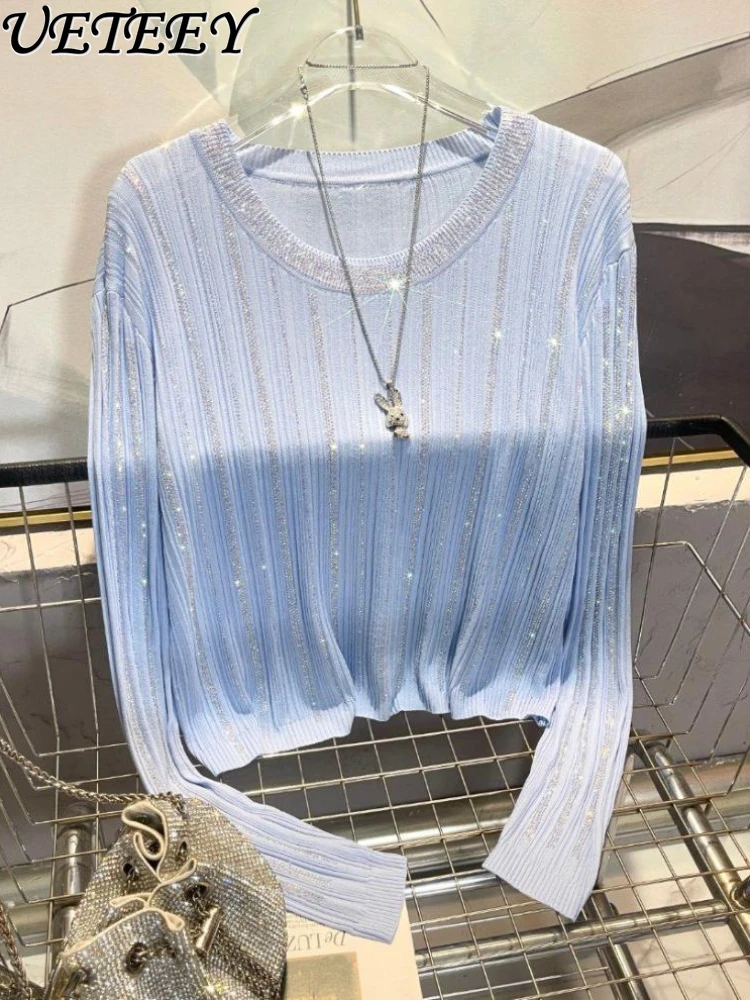 

Blue Ice Silk Niche Chic New Design Sense Bottoming Shirt Rhinestone Short Long Sleeve Knitted Top Short Pullover for Women