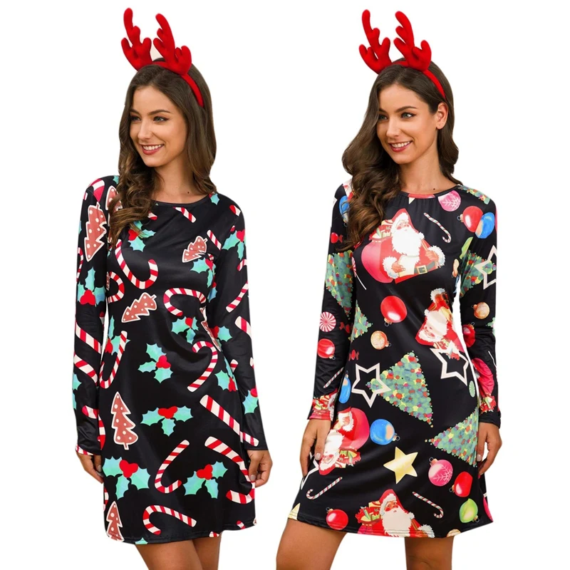 

2X Women Print Slim Long Sleeve Dress Casual O Neck Long Sleeve Party Dresses Christmas Tree & Lucky Star XXL