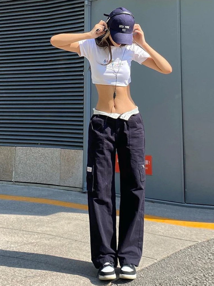 

HOUZHOU Cargo Pants Women Casual Fashion High Waist Baggy Straight Pockets Pants Y2k Streetwear Black Wide Leg Trousers Female