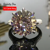 Serenity Day S925 Sterling Silver Plate 18K Luxury Inlaid Eight Hearts and Arrows Cut 10 Carat High Carbon Diamond Ring Jewelry