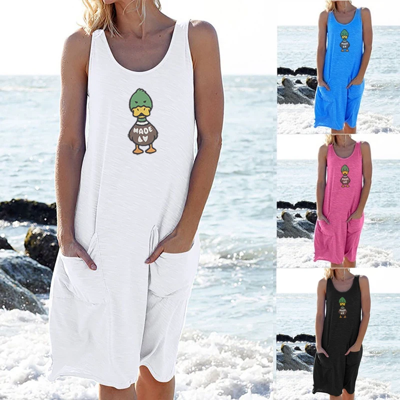 

Women's Round Neck Solid Color Sleeveless Knit Casual Tank Top Print Dress