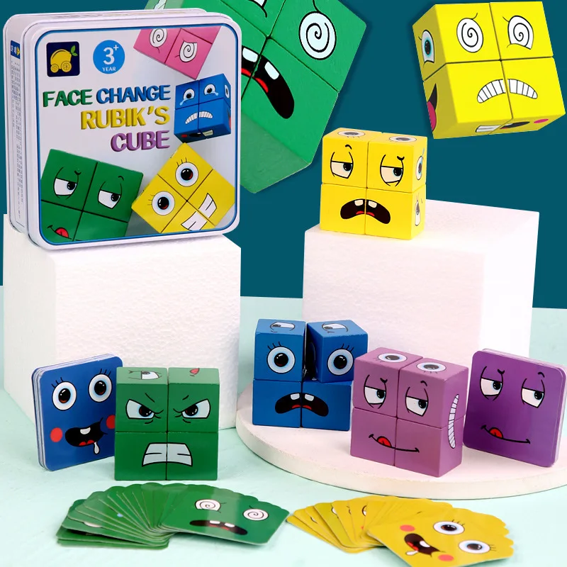 

Kids Wooden Face Changing Cube Toys Building Blocks for Cartoon Puzzle Montessori Jigsaw Toy Educational Board Game Family Toys
