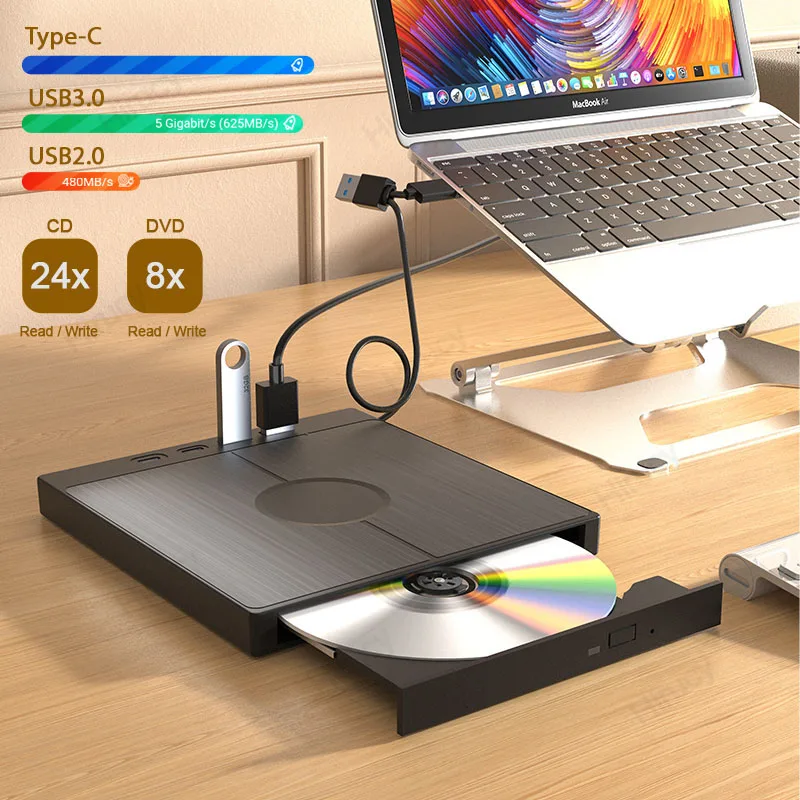 7-в-1 USB 3.0 Type C Внешний CD DVD RW Оптический привод DVD-плеер Устройство записи