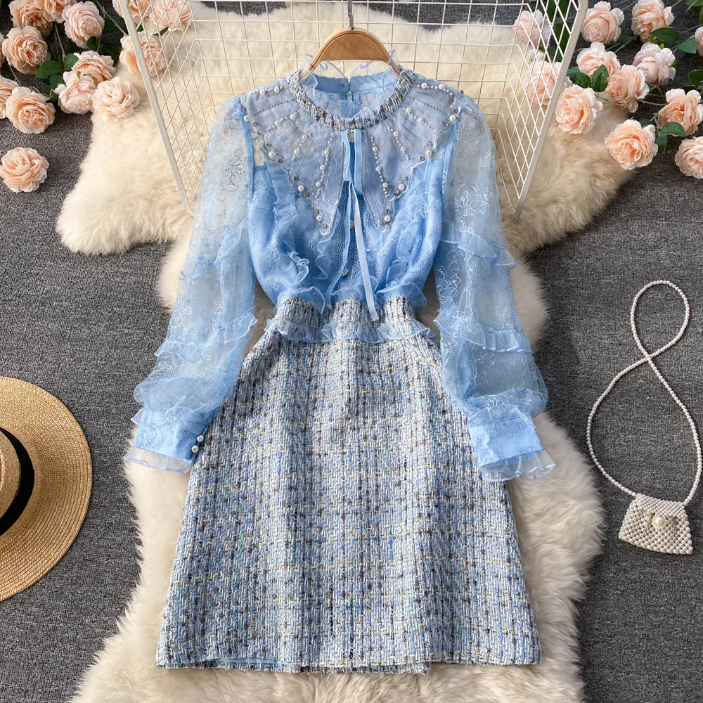 

Women Spring Autumn Round Neck Long Sleeve Embroidery Bead Lace Splicing Tweed A-line Mini Dress Fashion Elegant Vestidos D729