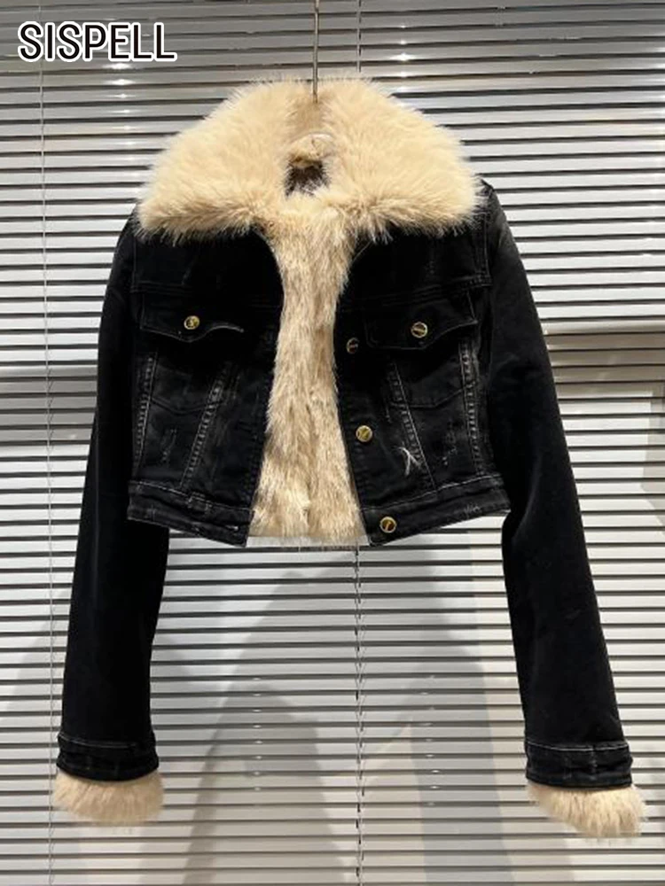 

SISPELL Solid Denim Jacket For Women Lapel Long Sleeve Patchwork Pocket Slim Temperament Jackets Female Autumn Clothing 2022 New