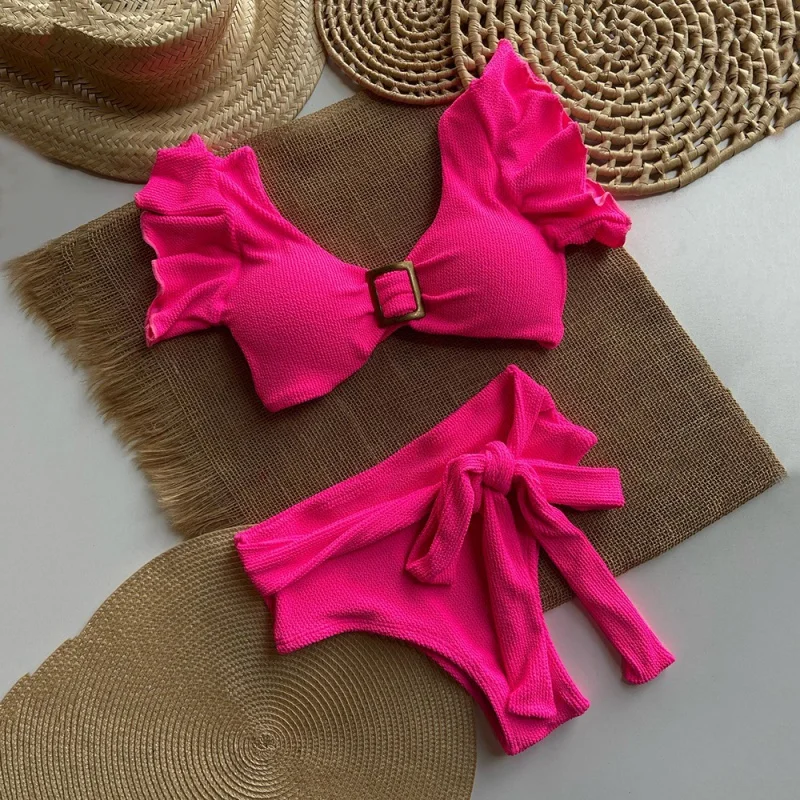 

High Waist Ruffled Sexy Bikini Set 2023 Solid Biquini Swimwear Women Two Pieces Swimsuit Beachwear V-Neck Bathing Suit