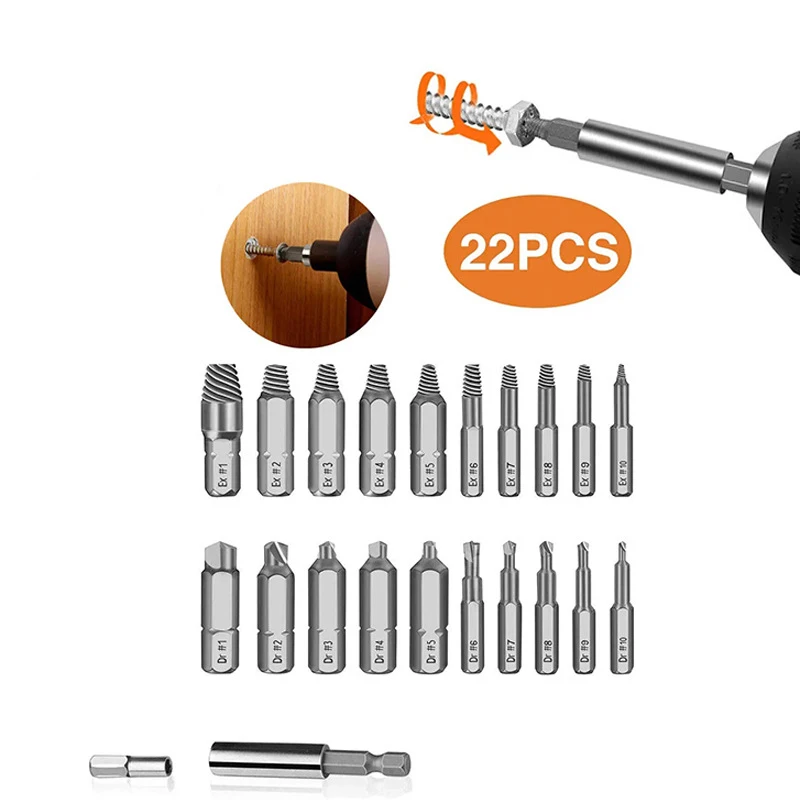 

22Piece Broken Head Screw Extractor High Speed Steel Broken Wire Extractor Damaged Twisted Screw Removal Repair Hand Tools