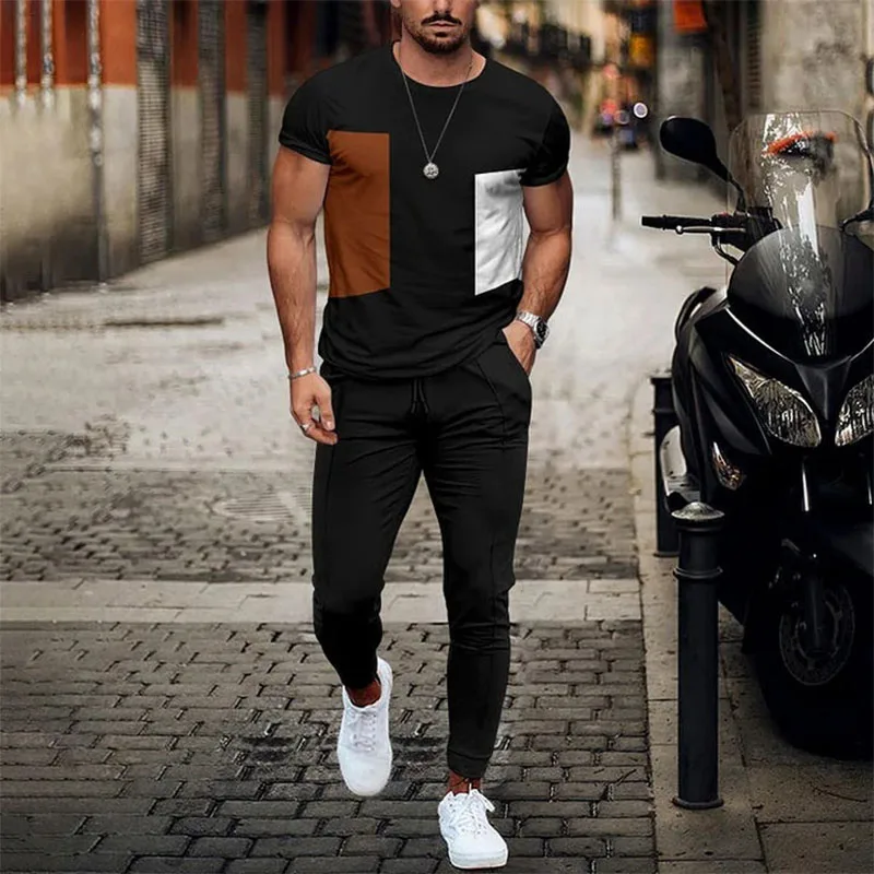 2023 Summer Men's Striped Sportswear Fashion Short Sleeve T-shirt Trousers Street Wear 2-piece Men's Suit Casual Suit Sportswear