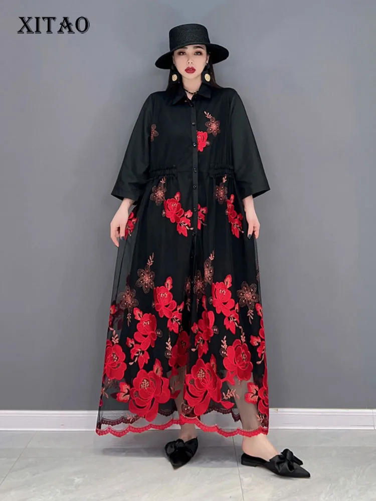 

XITAO Print Pattern Dress Fashion Single Breast Perspective Thin Patchwork Small Fresh Casual Style Minority Dress WMD5166