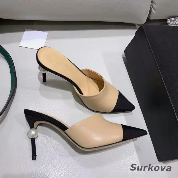 

Women's Fashion Slippers Summer Chic Small Fragrant Wind Color Matching Pearl Thin Heel High Heels Wear Sandals High Heels Pumps