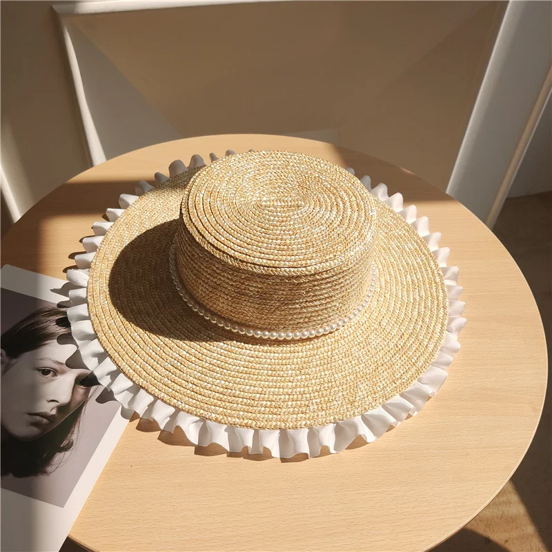 

202201-may-nu summer handmade straw pleated lace pearl chain lady fedoras cap women leisure holiday panama jazz hat