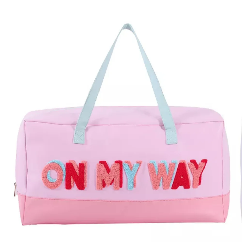 Fashion PU Leather Duffle Bags Women Cute Sewn on Patches Weekender Overnight Bag Ladies Large Capacity Travel Luggage Bag