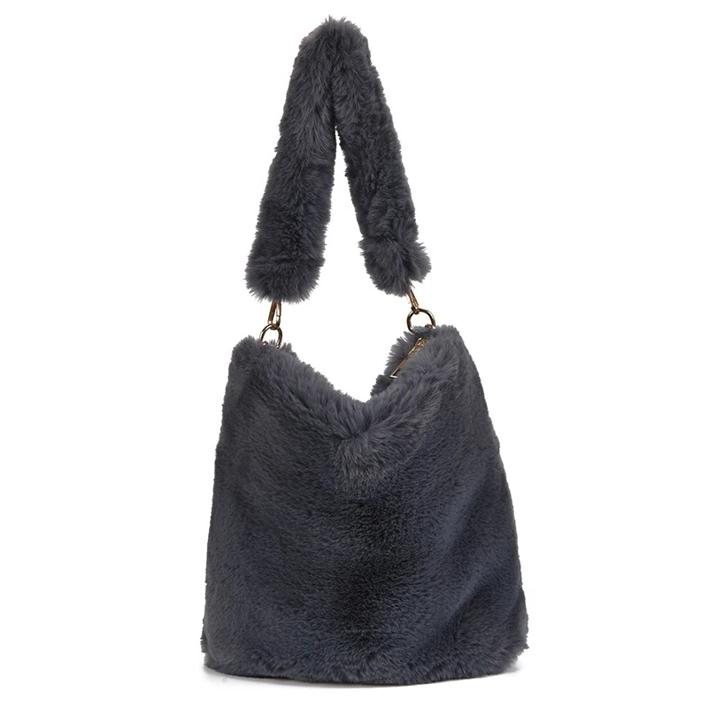 

Ladies Shoulder Bucket Bag Fashion Ladies Chain Messenger Bag Faux Fur Plush Tote