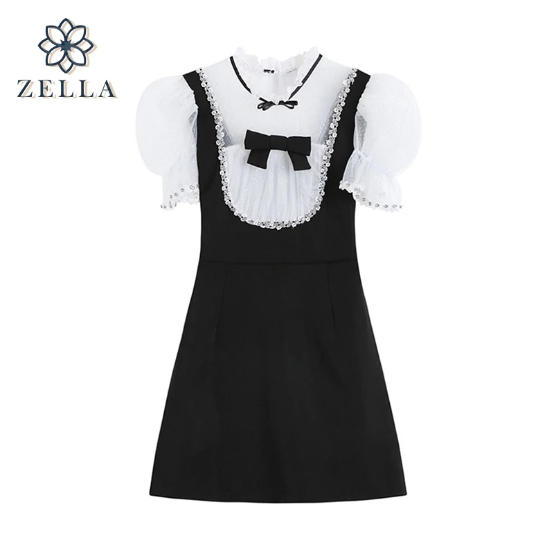 

2022 Summer Bow Dress Mini Dress For Womens Clothes Casual Lady Elegant Harajuku Gothic Party Sexy Dress Gauze Patchwork Dresses