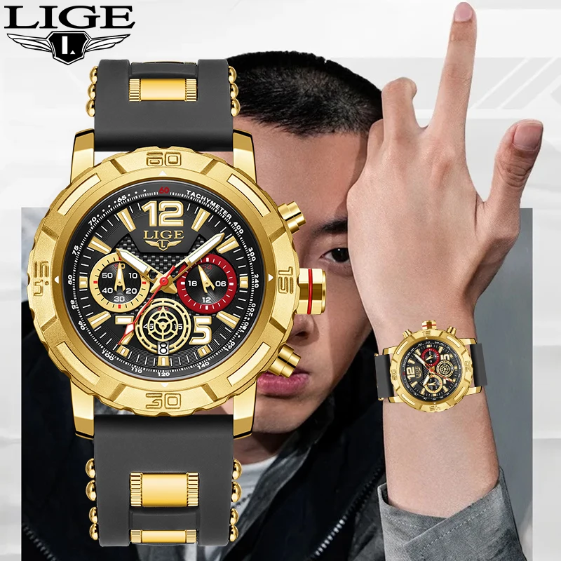Фото Мужские кварцевые часы LIGE Fashion Outdoor с HD-дисплеем, светящимся циферблатом, водонепроницаемые, с календарем, на силиконовом ремешке, для мужчин, повседневные, спортивные, военные часы №2