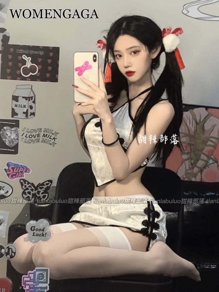 

WOMENGAGA Sweet Spicy Retro Vintage Bow Cheongsam Chinese Style Maid Mini Skirts Uniform Sexy Temptation Tank Tops Vest Hot 5HCU