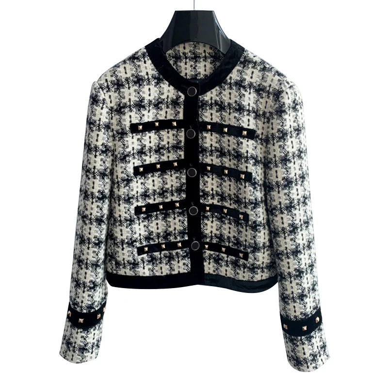 

22 Autumn Runway Tweed Jacket Women O Neck Long Sleeve Wool Blended Outwear High Quality White Black Contrasting Colors Coat Top