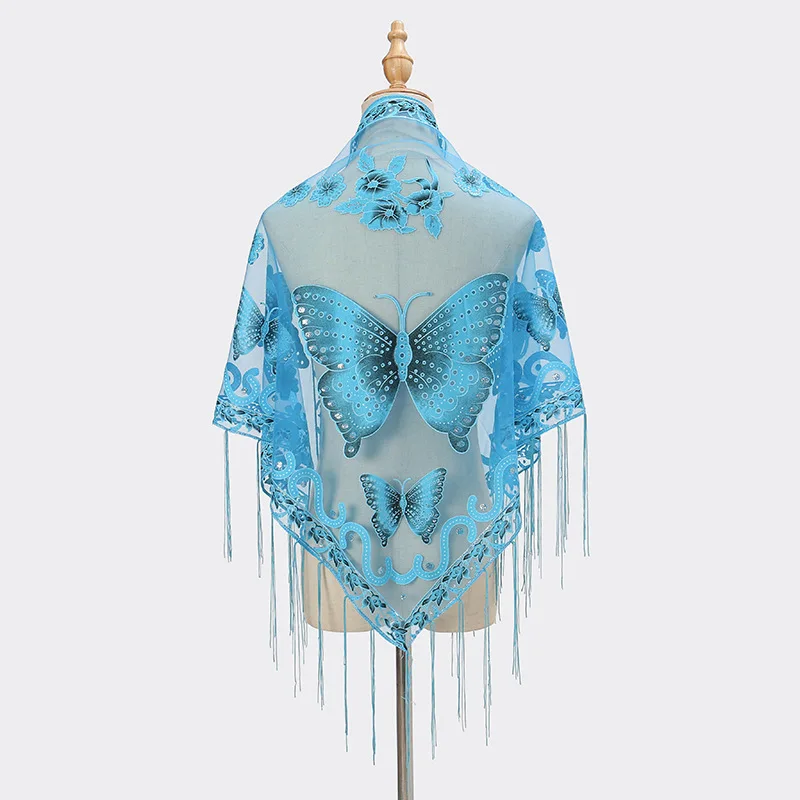 

New Triangular Lace Butterfly Print Silk Scarf Women Summer Thin Transparent Mesh Long Tassel Cloak Beach Sunscreen Shawl Hijab