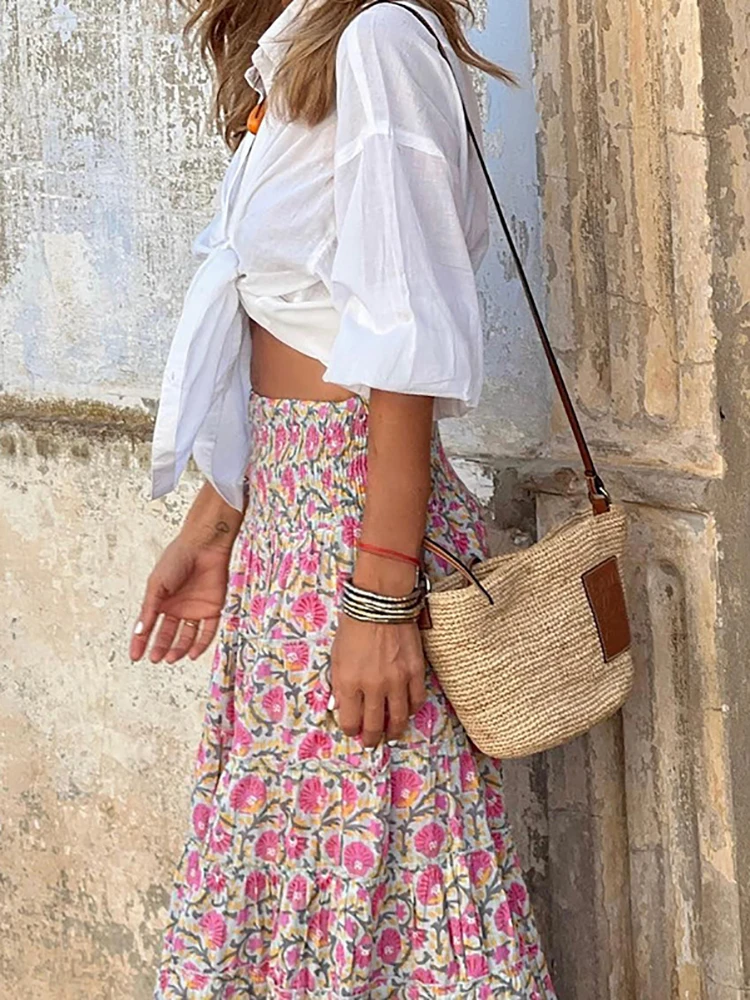 Summer Long Skirts Women Boho Print Skirt Female Floral Beach Maxi Skirts Ladies Vintage Loose Elastic Waist Holiday Skirt images - 6