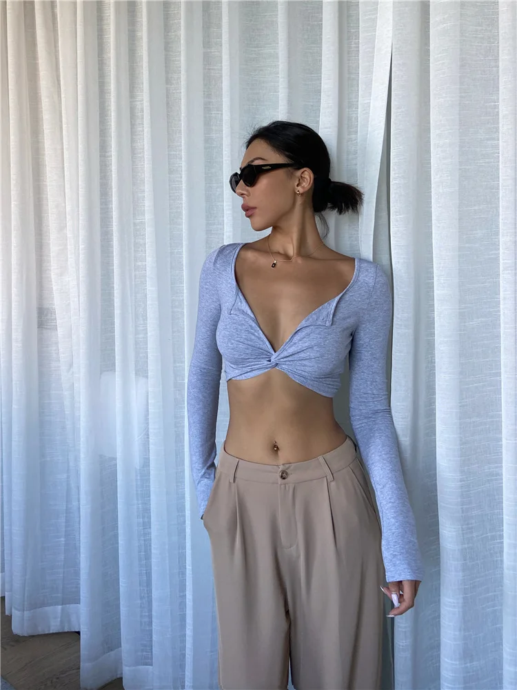 VanessaLab Новая Серая 90Sv воротник с длинными рукавами короткая футболка для женщин