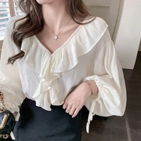 loose v neck fungus edge solid shirt women korea fashion pullover shirt blusas mujer de moda 2020 verano elegantes women tops