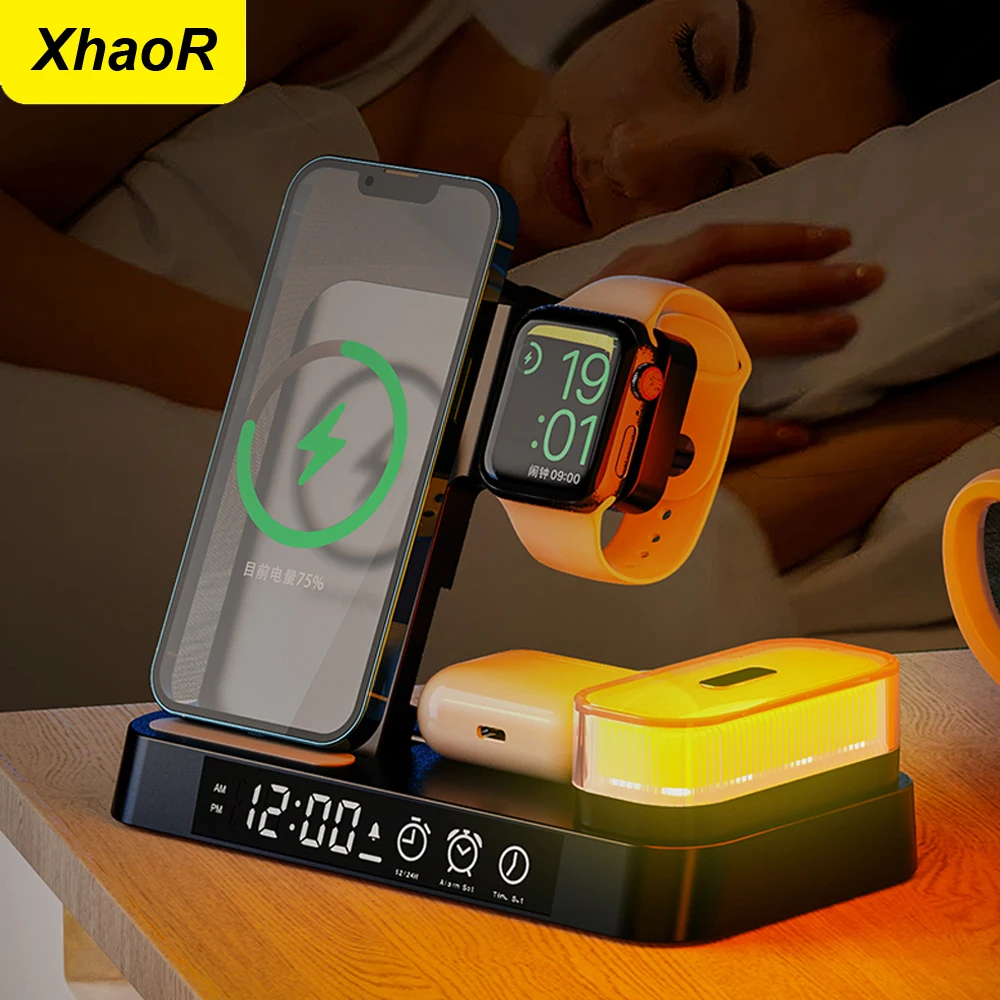 

4in1 Alarm Clock Wireless Fast Charging Station with Night Light For iPhone 14 13 12 Pro Max Apple Watch Airpods Pro Charge Dock