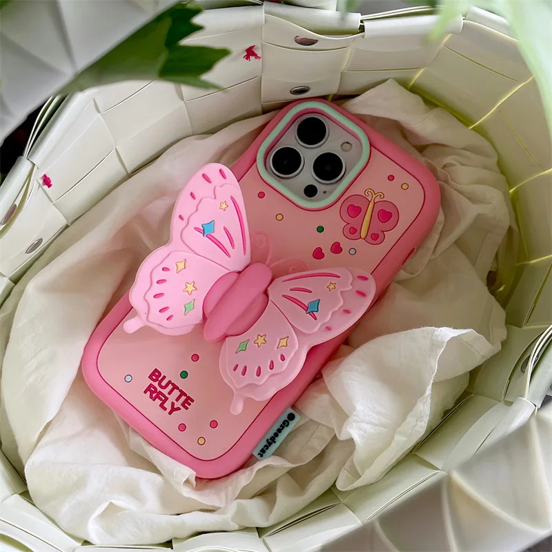 

Pink Butterfly Folding Bracket Phone Case for iPhone 14 Promax 13 12 11 Cartoon Cute Stereoscopic Silicone Soft Protective Cover