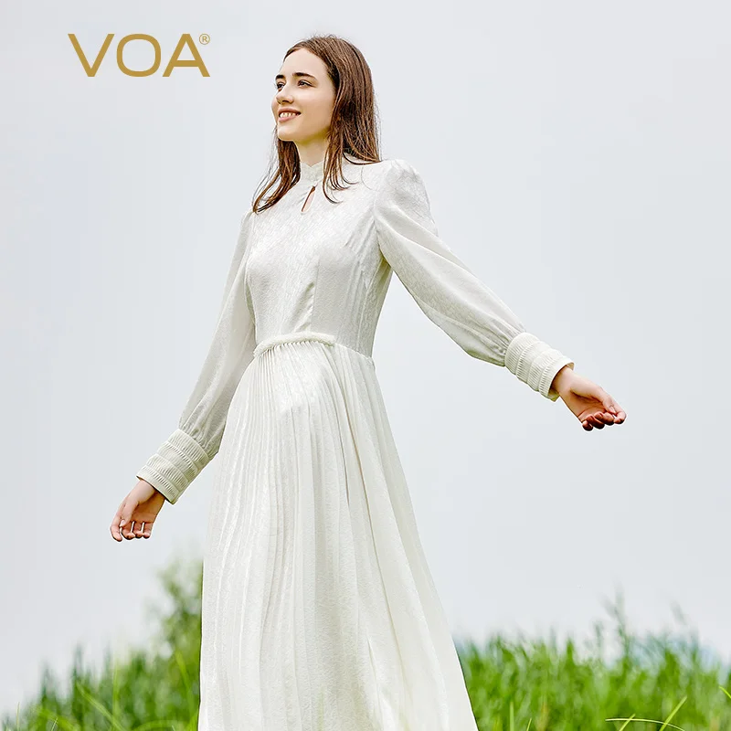 

VOA Silk Jacquard White Water Drop Half High Collar Pair Silk Craft Auricularia Elegant Long Sleeve Pleated Dress Summer AE2236