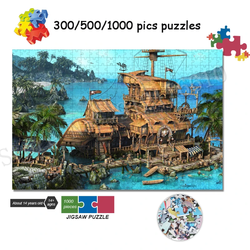 

Fantasy Pirate Ship Jigsaw Puzzles Strategy Adventure City Seaside 1000 Pieces Blue Puzzles for Adults Diy Crafts Home Decor Set