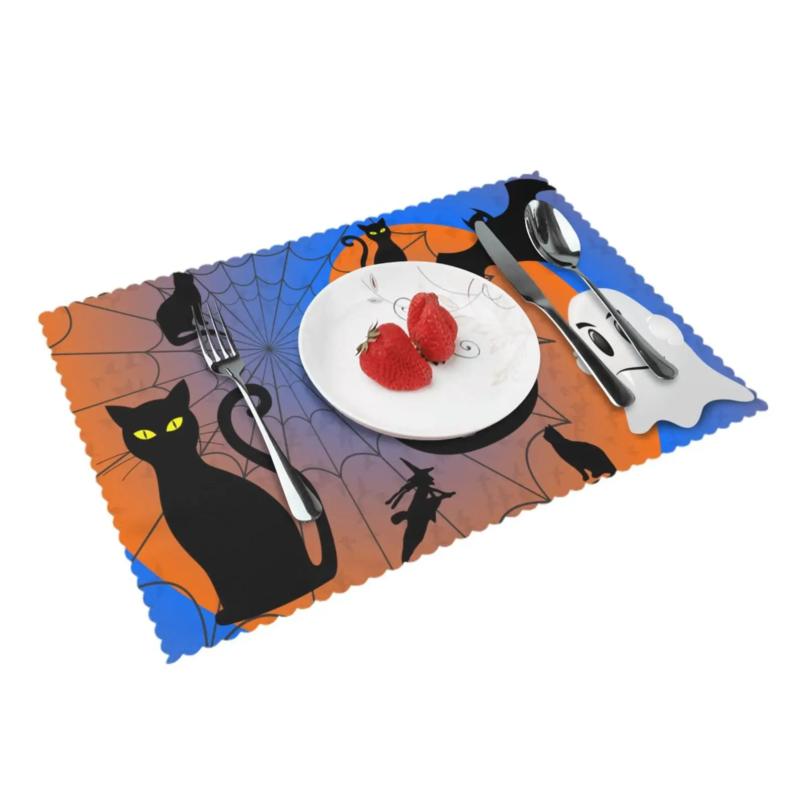 

Blue and Orange Black Cat Ghost Placemat Polyester Halloween Dish Drying Heat Resistance Set of 4 Kitchen