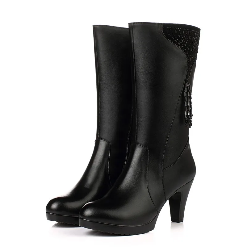 Women's Winter Boots High-heel Genuine Leather Tapered  Fashion Wool Women's Boots Large Size 41 42 43 Women's Dress Shoes boots