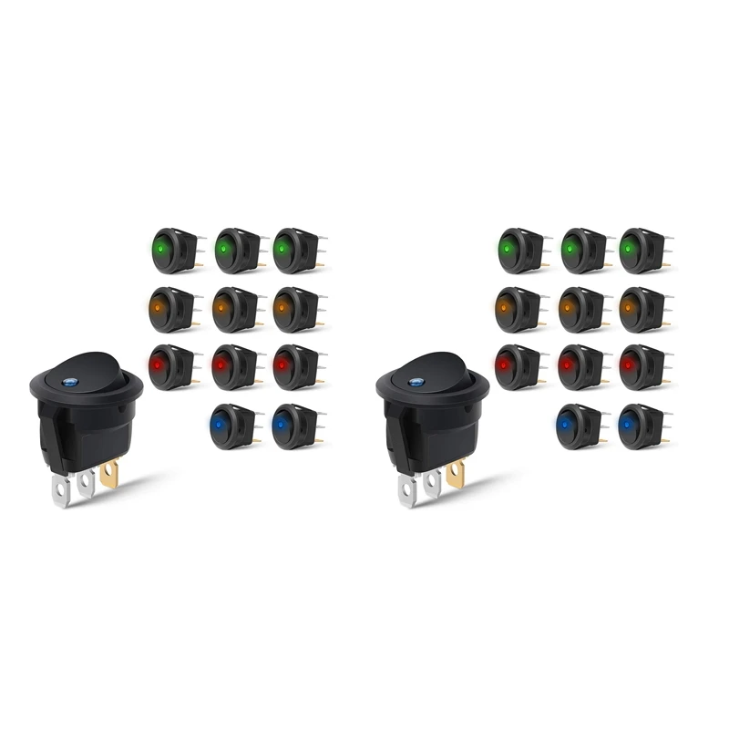 

24PCS Round Dot Lighted Rocker Switch Toggle 20A 12V DC On/Off SPST Switch Control, 6Blue+6Green+6Yellow+6Red