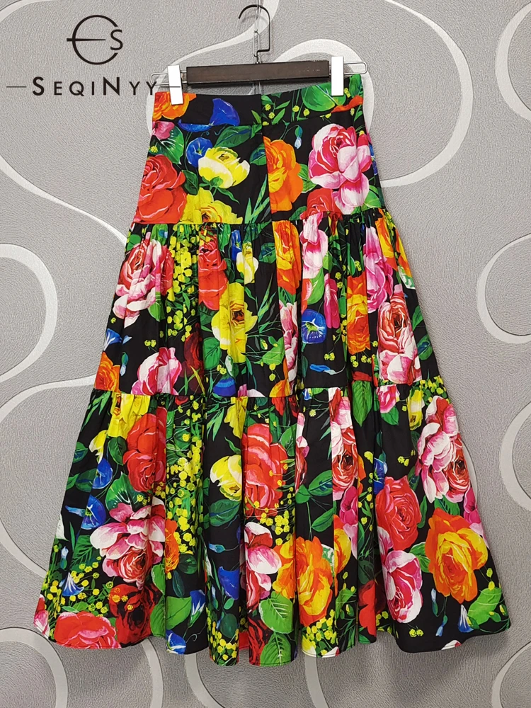 SEQINYY 100% Cotton Long Skirt Summer Spring New Fashion Design Women Runway High Quality Sicily Vintage Colorful Flowers A-Line