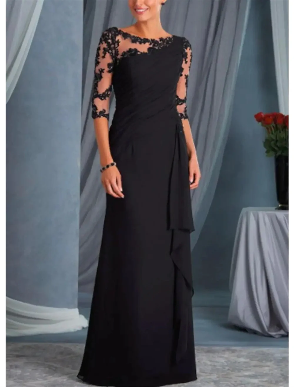 

Sheath Mother of the Bride Dress Plus Size Neck Floor Length Chiffon Lace Half Sleeve with Lace Wedding Guest Dresses