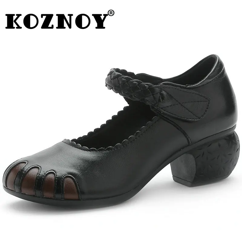 

Koznoy 5cm Retro Sewing Genuine Leather Ethnic Comfy Summer Autumn Women Block Heel Soft Handmade Hook Ladies Mixed Colors Shoes